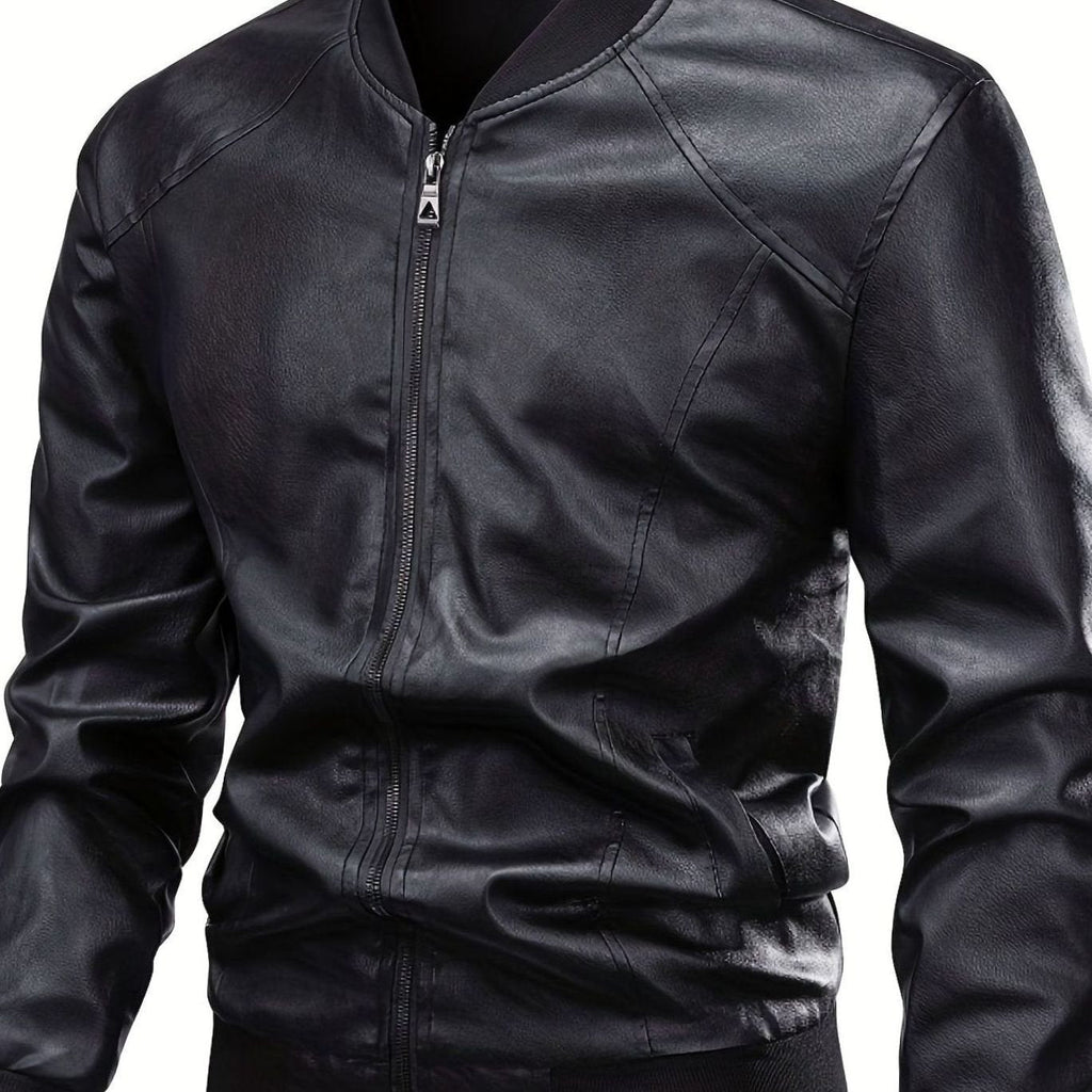 Men's Wipe-Clean Faux Leather Slim Bomber with Ribbed Trims - Black