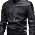 Men's Wipe-Clean Faux Leather Slim Bomber with Ribbed Trims - Black