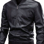 Men's Wipe-Clean Faux Leather Slim Bomber with Ribbed Trims - Black