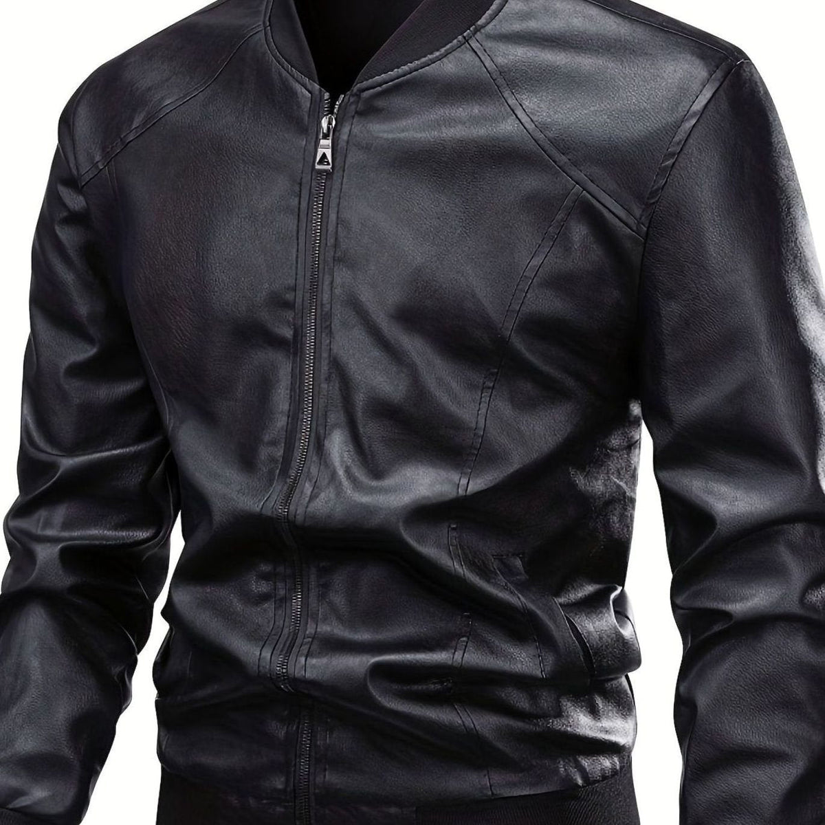 Men's Wipe-Clean Faux Leather Slim Bomber with Ribbed Trims - Black