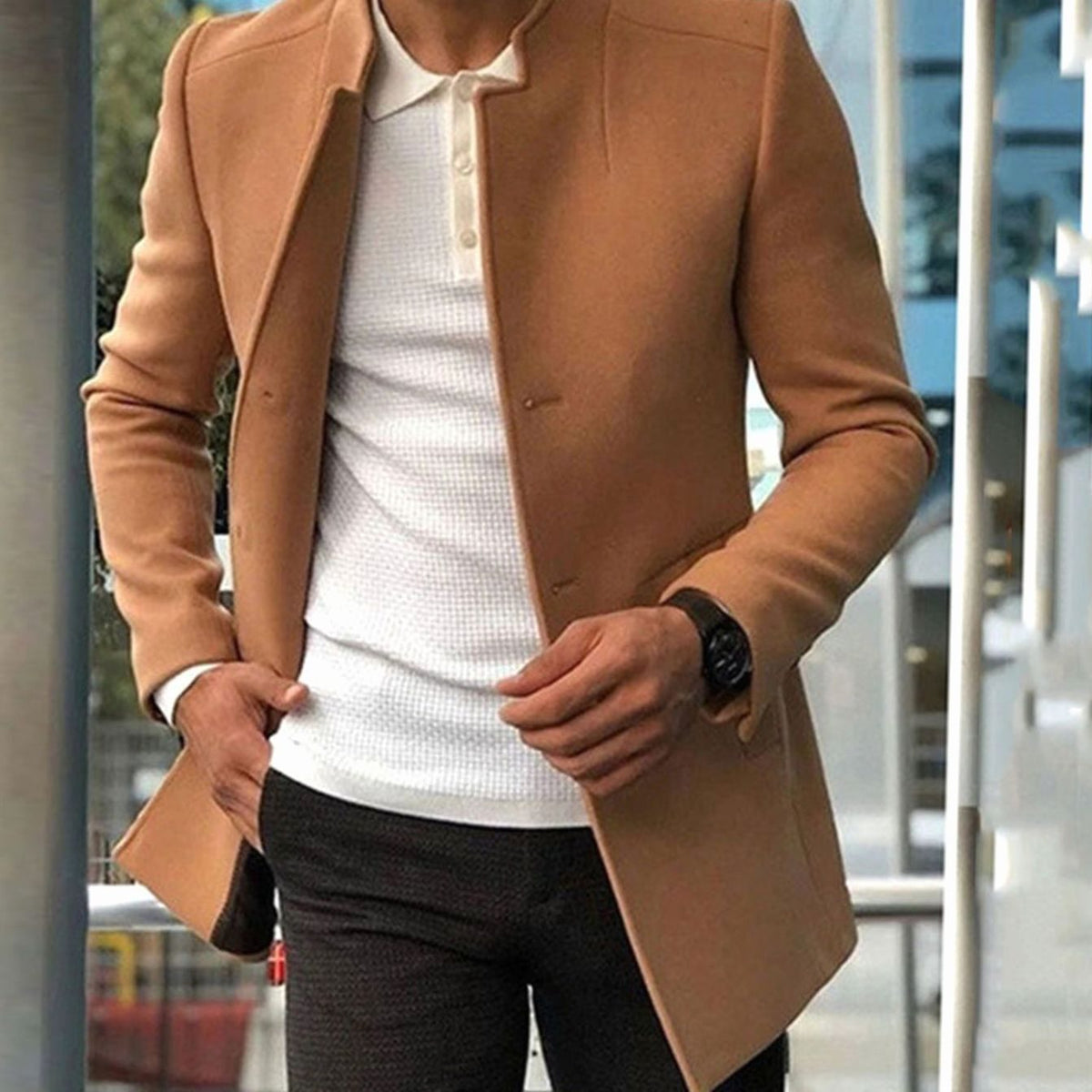 Men's Slim Mid-Thigh Commuter Coat with Minimal Stand Neck - Khaki