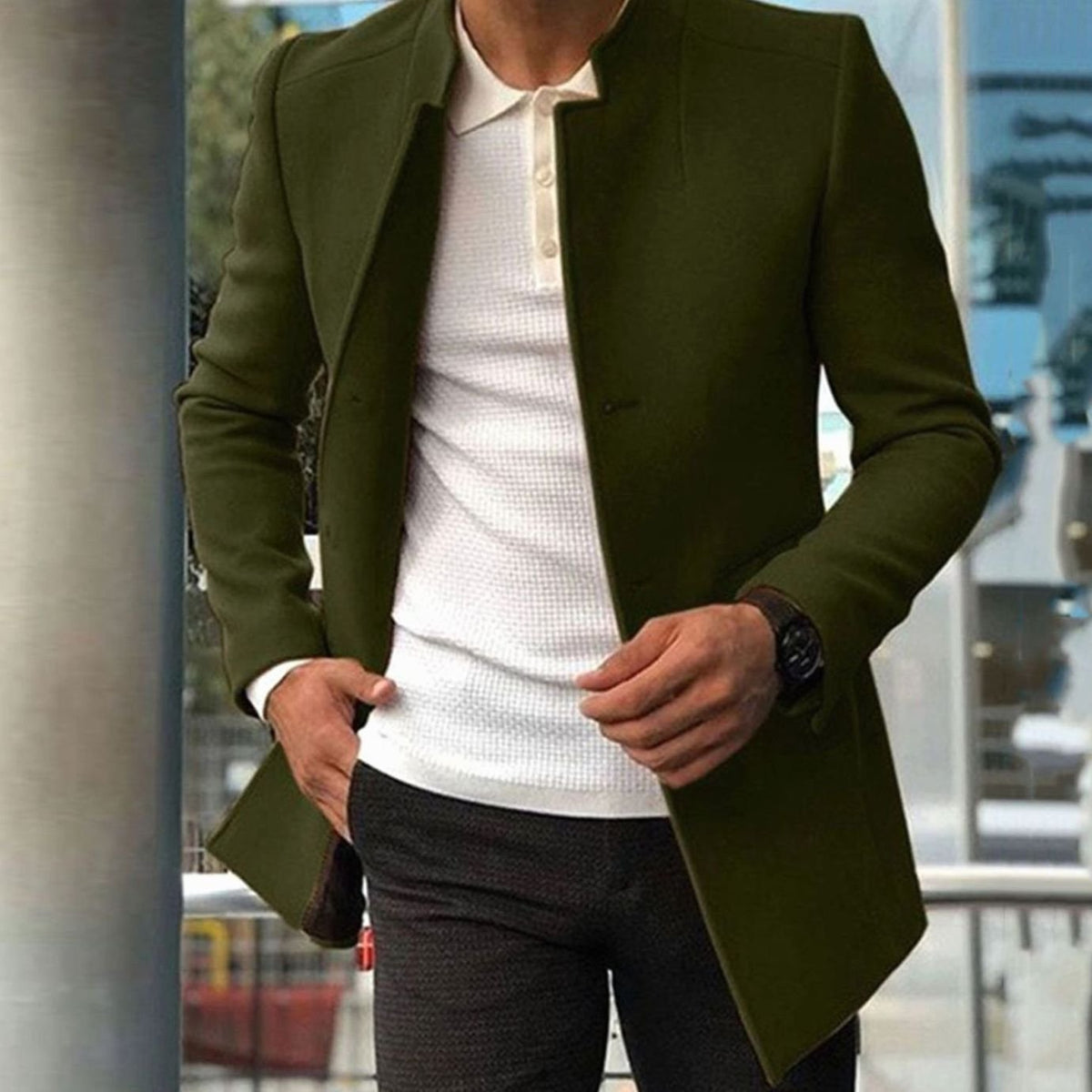 Men's Slim Mid-Thigh Commuter Coat with Minimal Stand Neck - Army Green