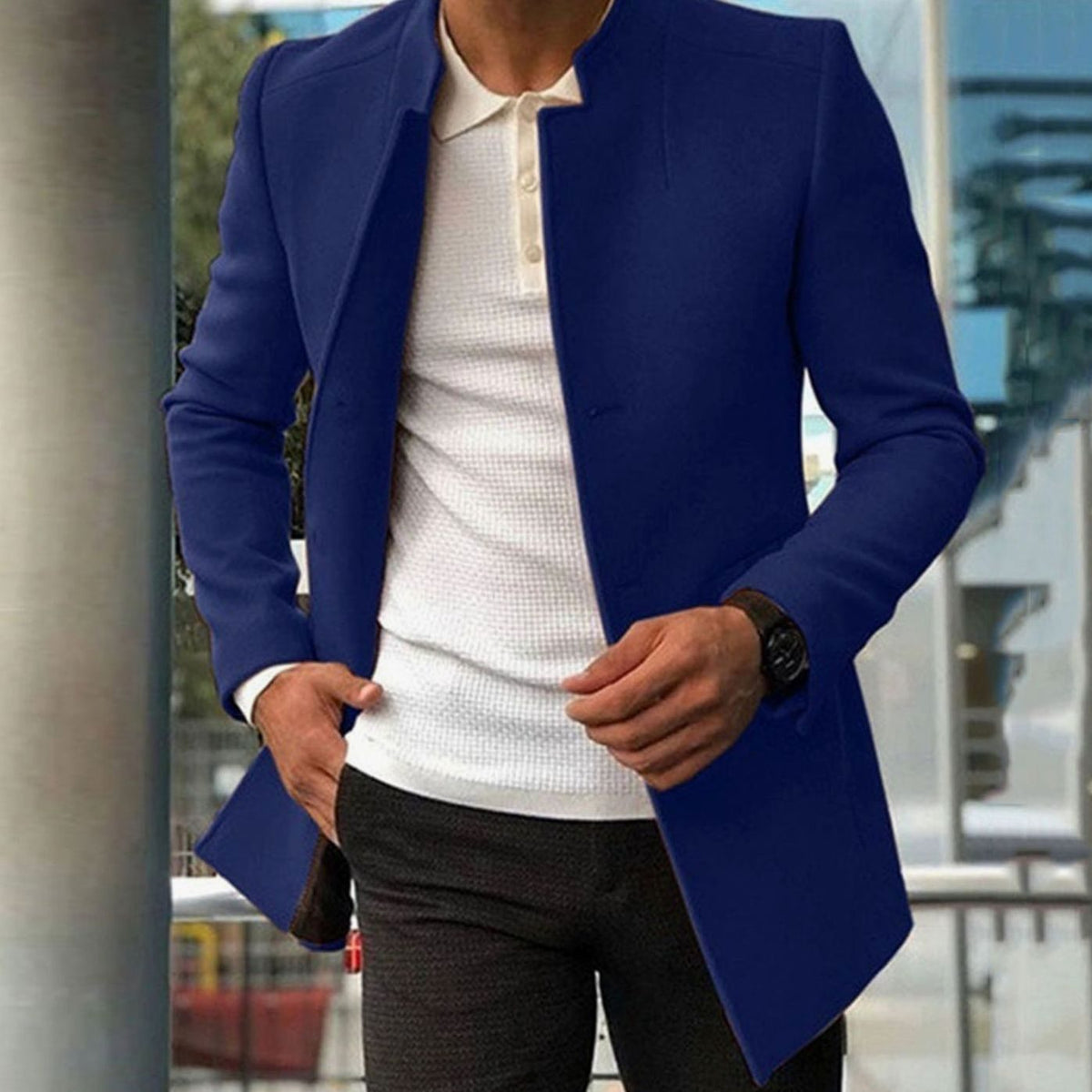 Men's Slim Mid-Thigh Commuter Coat with Minimal Stand Neck - Blue