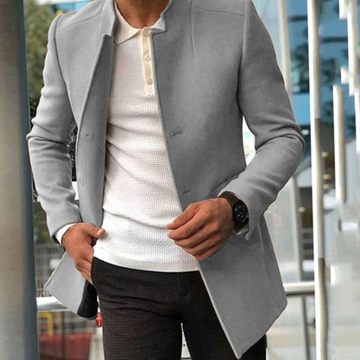Men's Slim Mid-Thigh Commuter Coat with Minimal Stand Neck - Grey