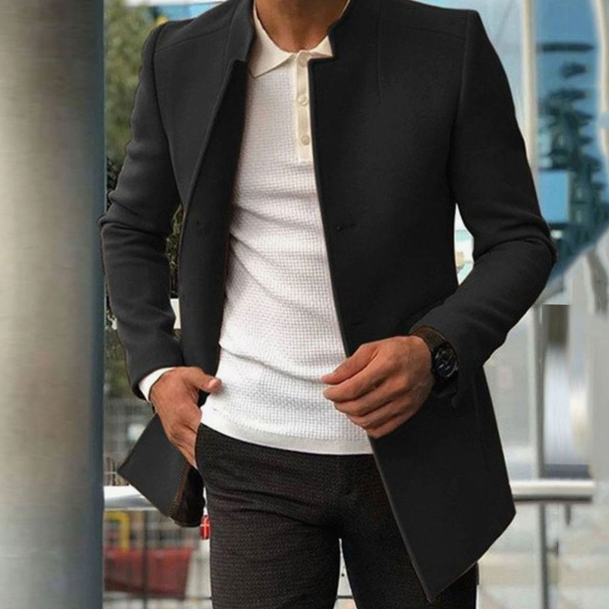 Men's Slim Mid-Thigh Commuter Coat with Minimal Stand Neck - Black