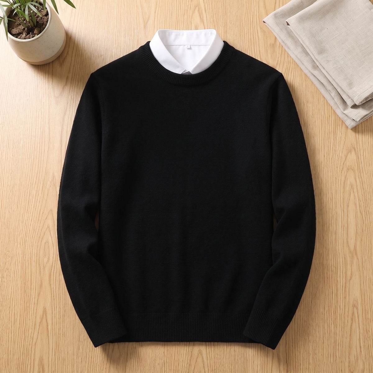 Men's Easy-Fit Crew Neck Knit Jumper with Ribbed Hem - Black