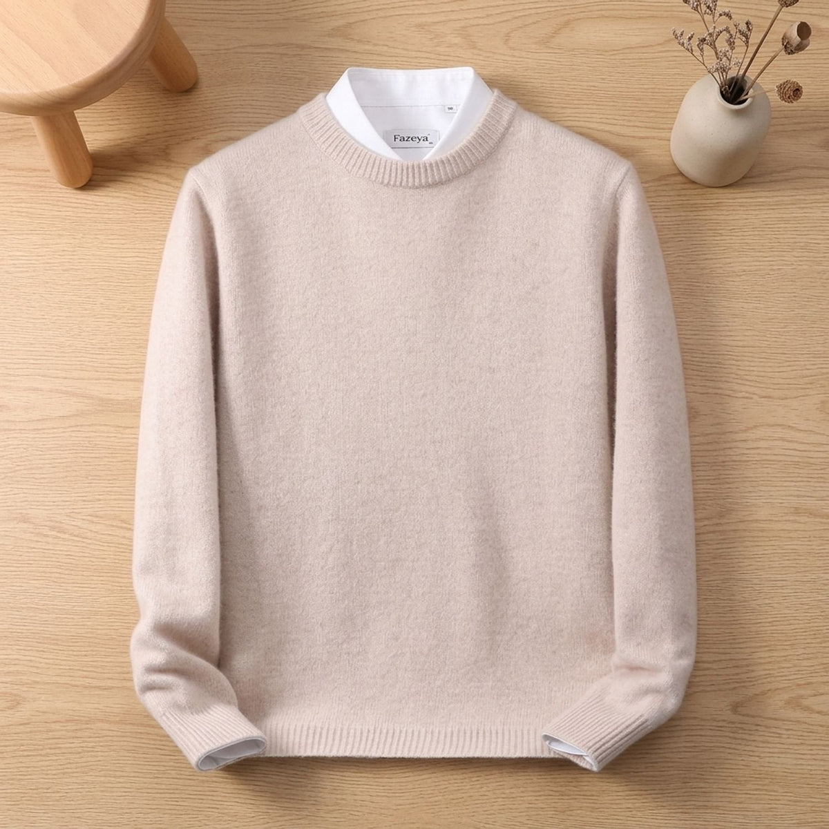 Men's Easy-Fit Crew Neck Knit Jumper with Ribbed Hem - Beige