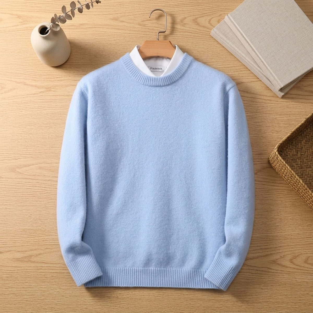 Men's Easy-Fit Crew Neck Knit Jumper with Ribbed Hem - Light Blue