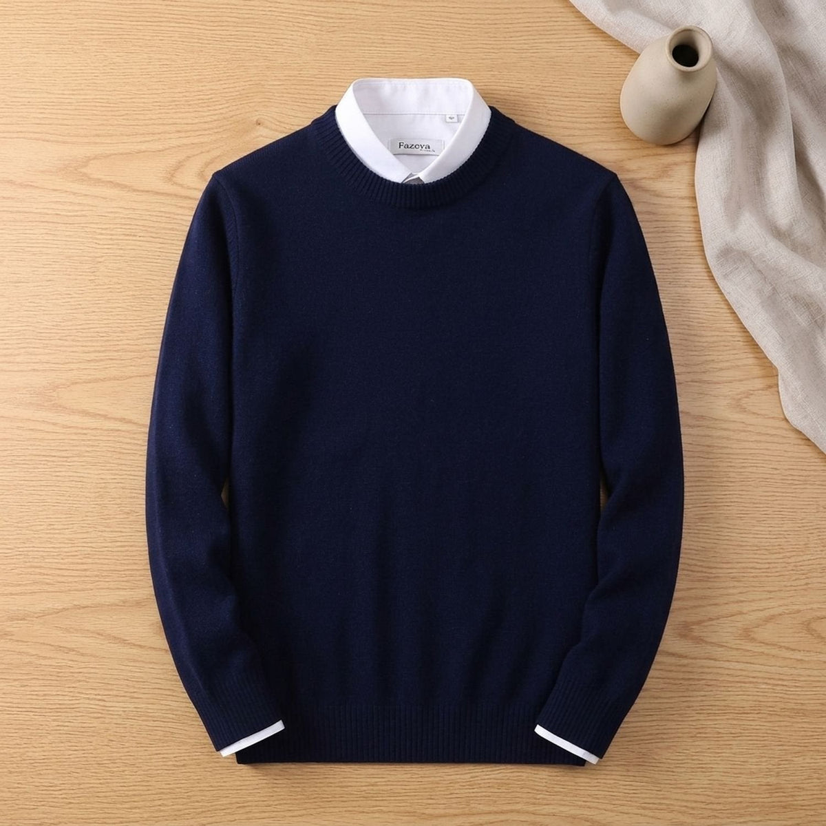 Men's Easy-Fit Crew Neck Knit Jumper with Ribbed Hem - Navy Blue