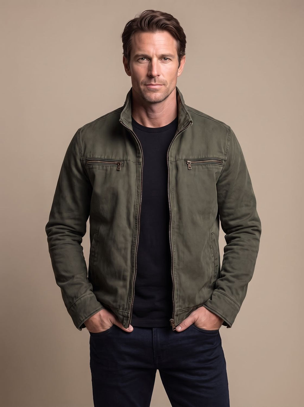 Men's Slim Stand-Collar Bomber Jacket with Brushed Finish