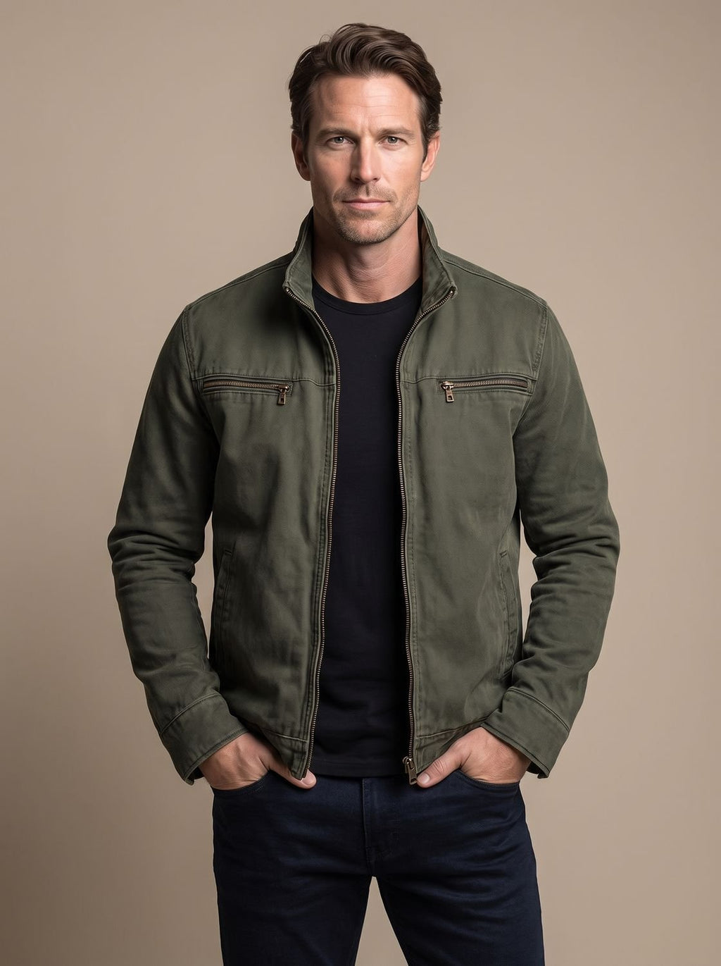 Men's Slim Stand-Collar Bomber Jacket with Brushed Finish - Army Green