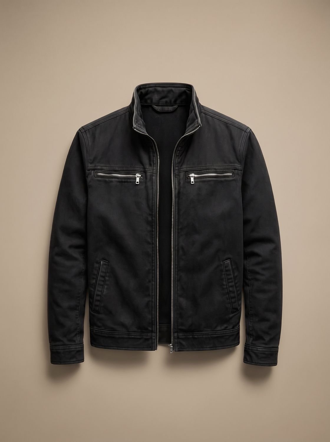 Men's Slim Stand-Collar Bomber Jacket with Brushed Finish - Black