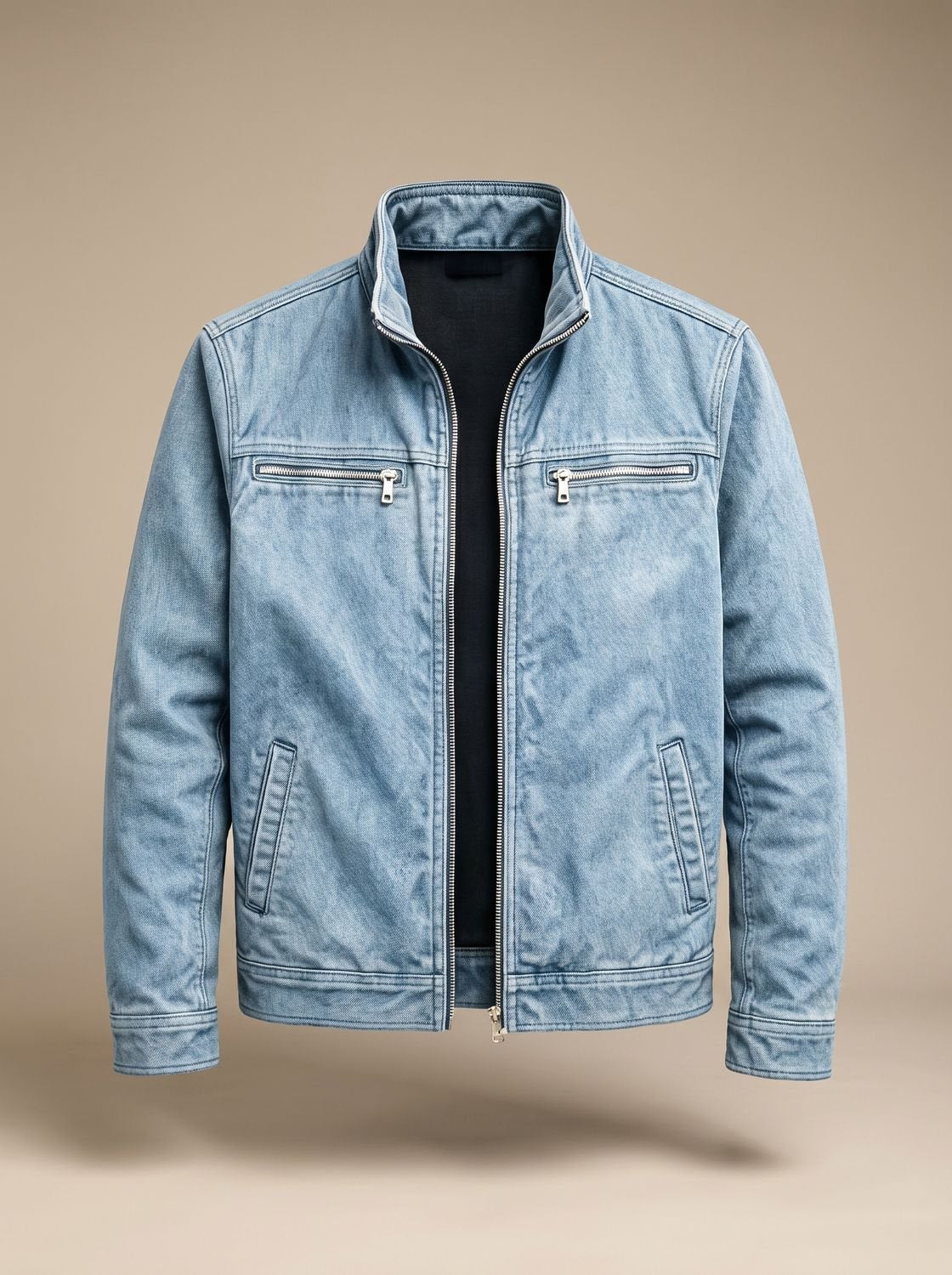 Men's Slim Stand-Collar Bomber Jacket with Brushed Finish - Blue