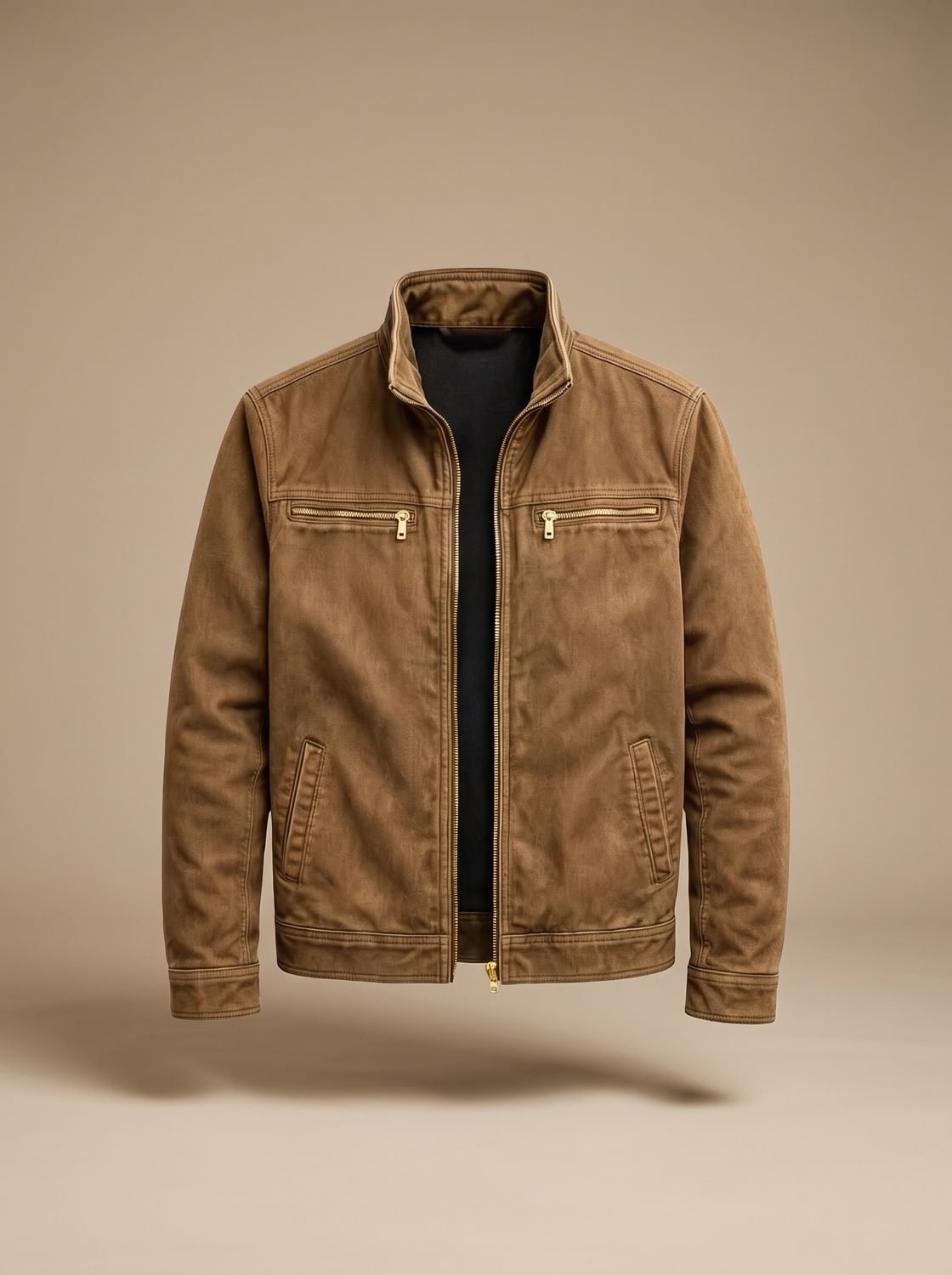 Men's Slim Stand-Collar Bomber Jacket with Brushed Finish - Brown