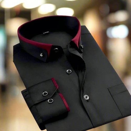 Men's Button-Down Collar Shirt with Contrast Trim and Metal Buttons - Black