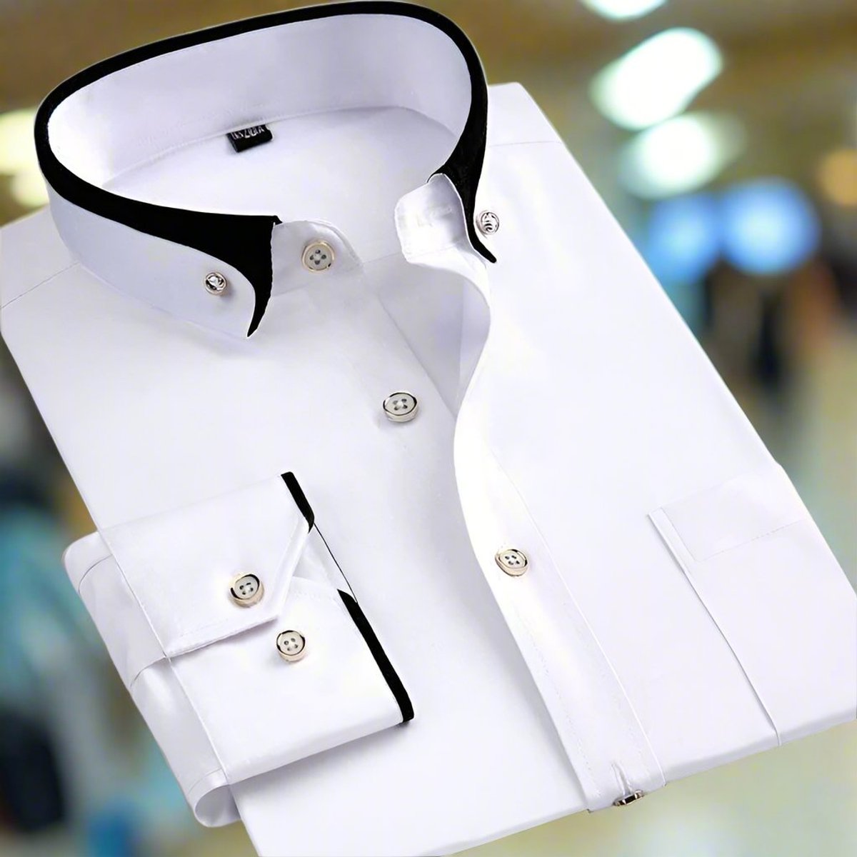 Men's Button-Down Collar Shirt with Contrast Trim and Metal Buttons - White