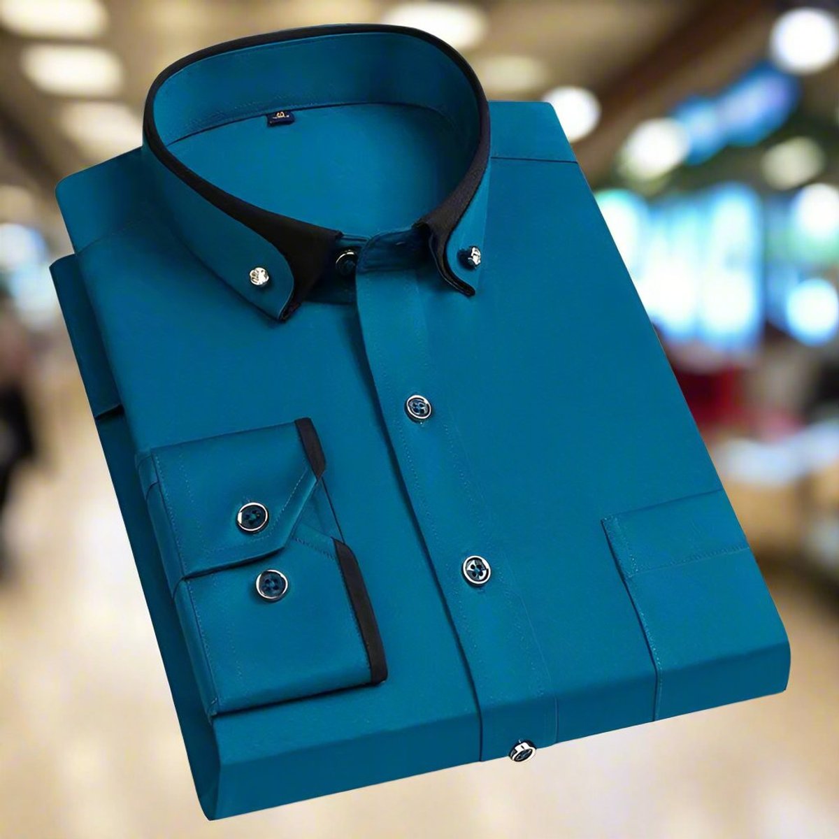 Men's Button-Down Collar Shirt with Contrast Trim and Metal Buttons - Turquoise Blue