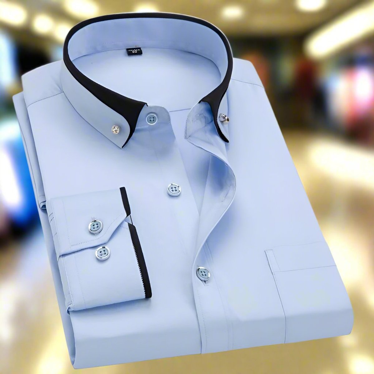 Men's Button-Down Collar Shirt with Contrast Trim and Metal Buttons - Light Blue