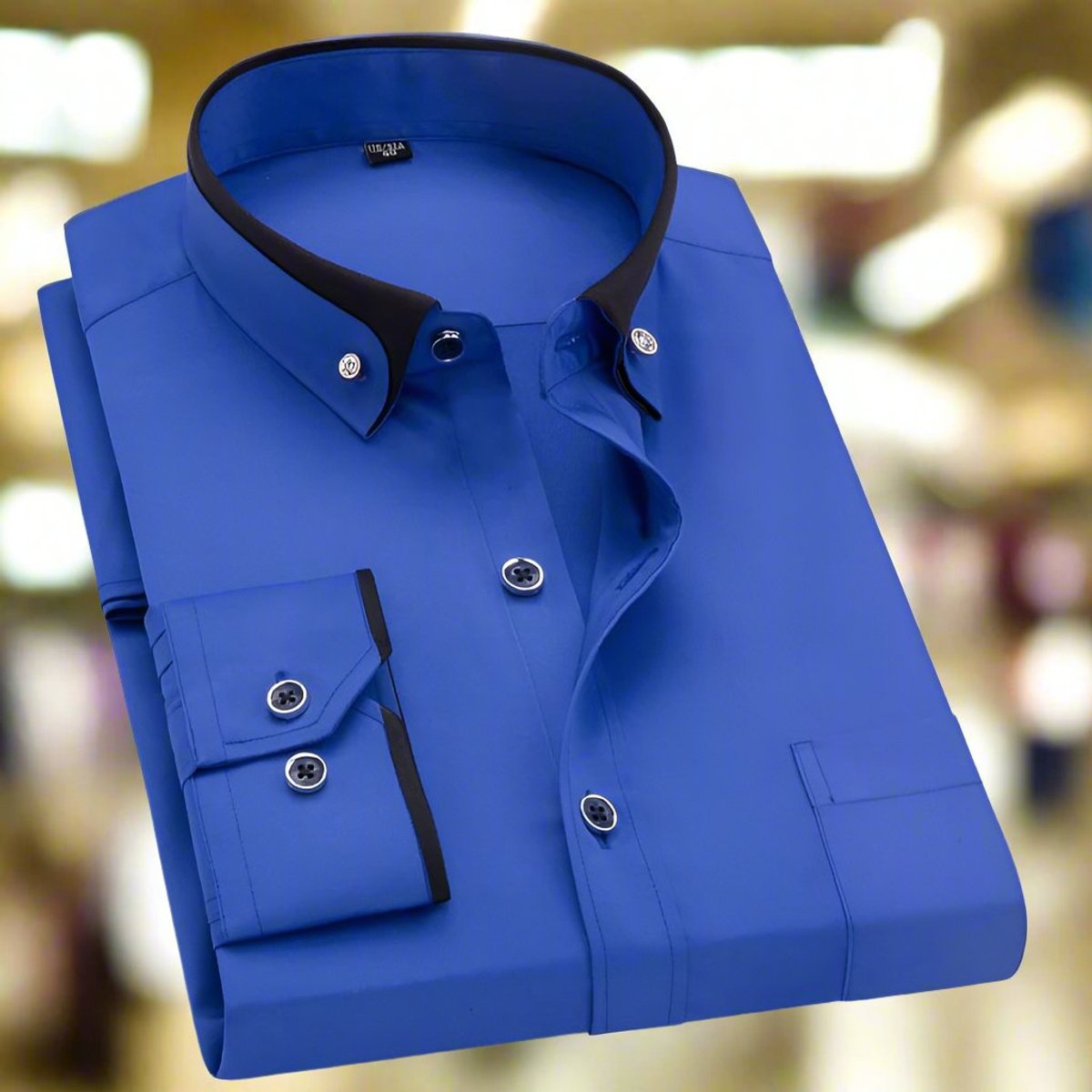 Men's Button-Down Collar Shirt with Contrast Trim and Metal Buttons - Blue