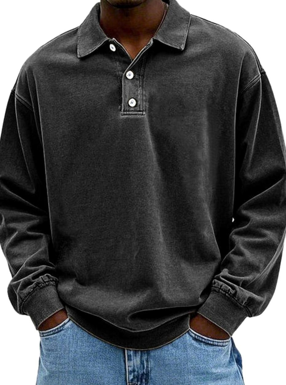 Men's Relaxed-Fit Long-Sleeve Polo Shirt in a Retro Cut - Black