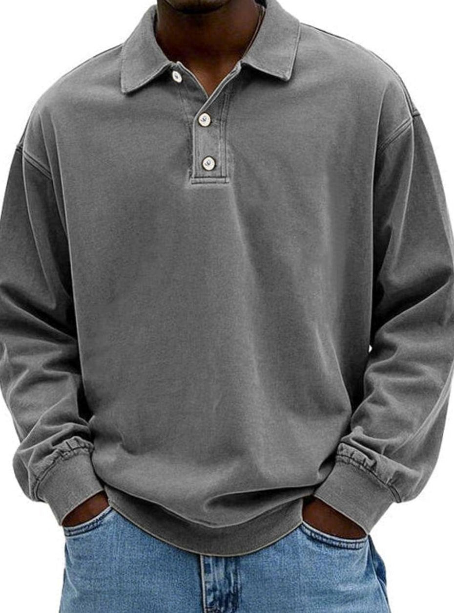 Men's Relaxed-Fit Long-Sleeve Polo Shirt in a Retro Cut - Grey