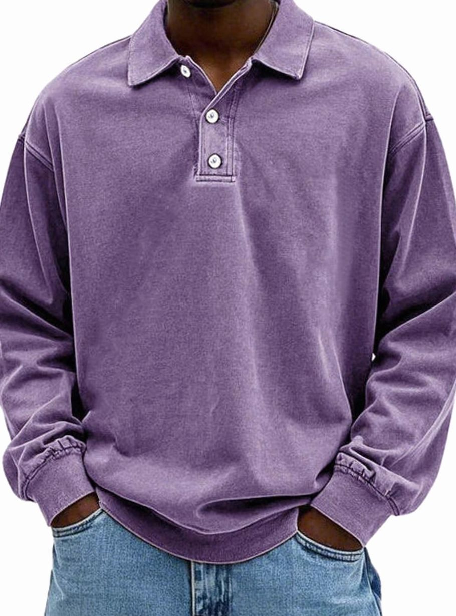 Men's Relaxed-Fit Long-Sleeve Polo Shirt in a Retro Cut - Purple