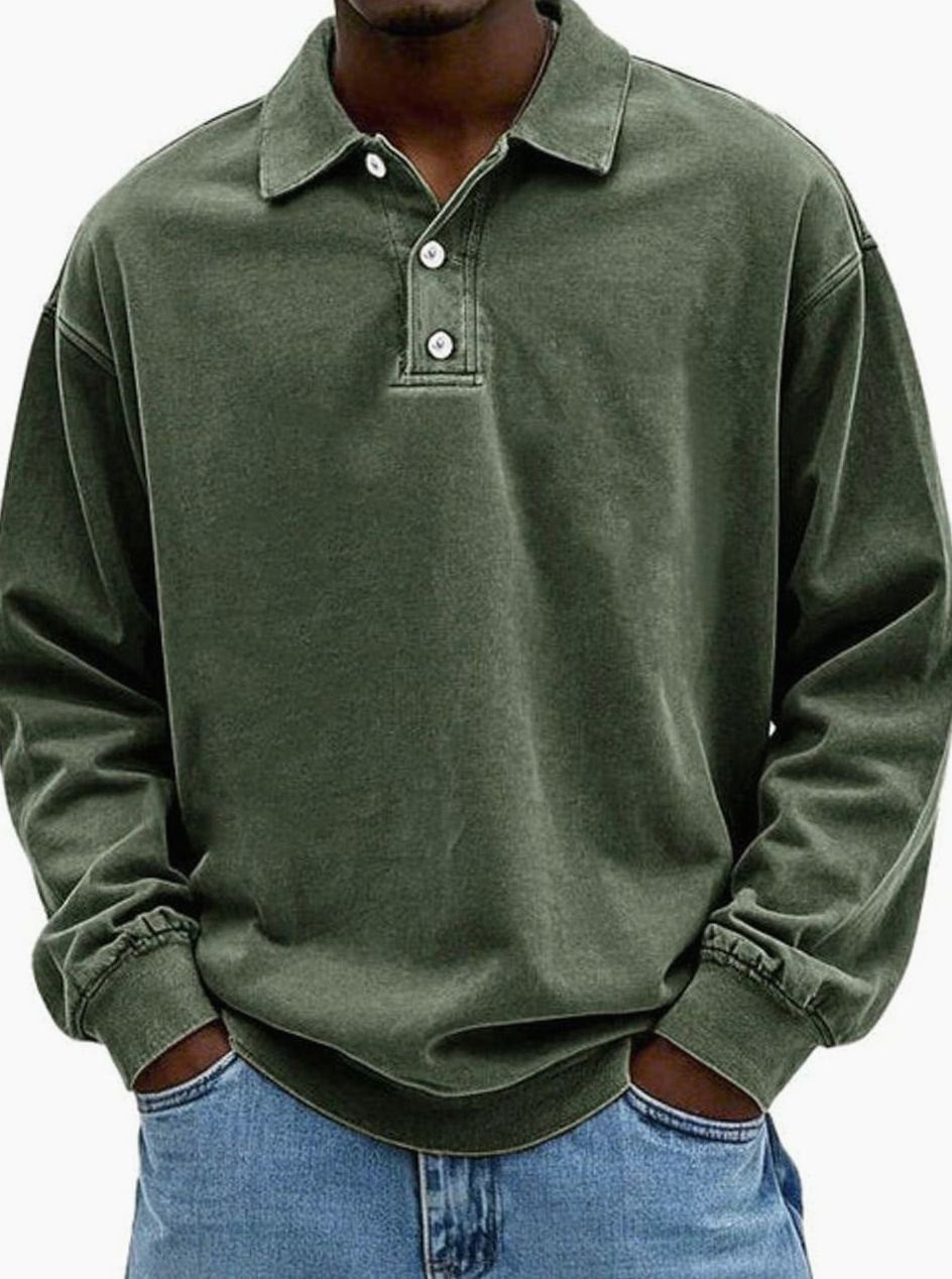 Men's Relaxed-Fit Long-Sleeve Polo Shirt in a Retro Cut - Army Green