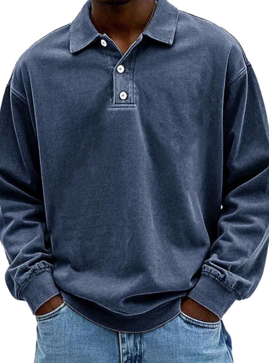 Men's Relaxed-Fit Long-Sleeve Polo Shirt in a Retro Cut - Navy Blue