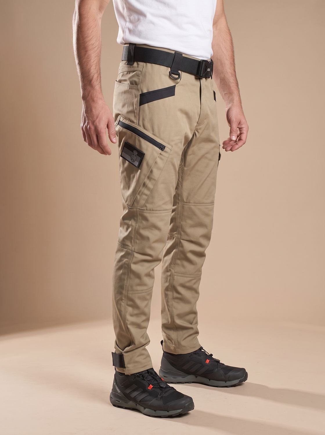 Men's Water-Repellent Tactical Work Trousers with Shaped Knees - Beige