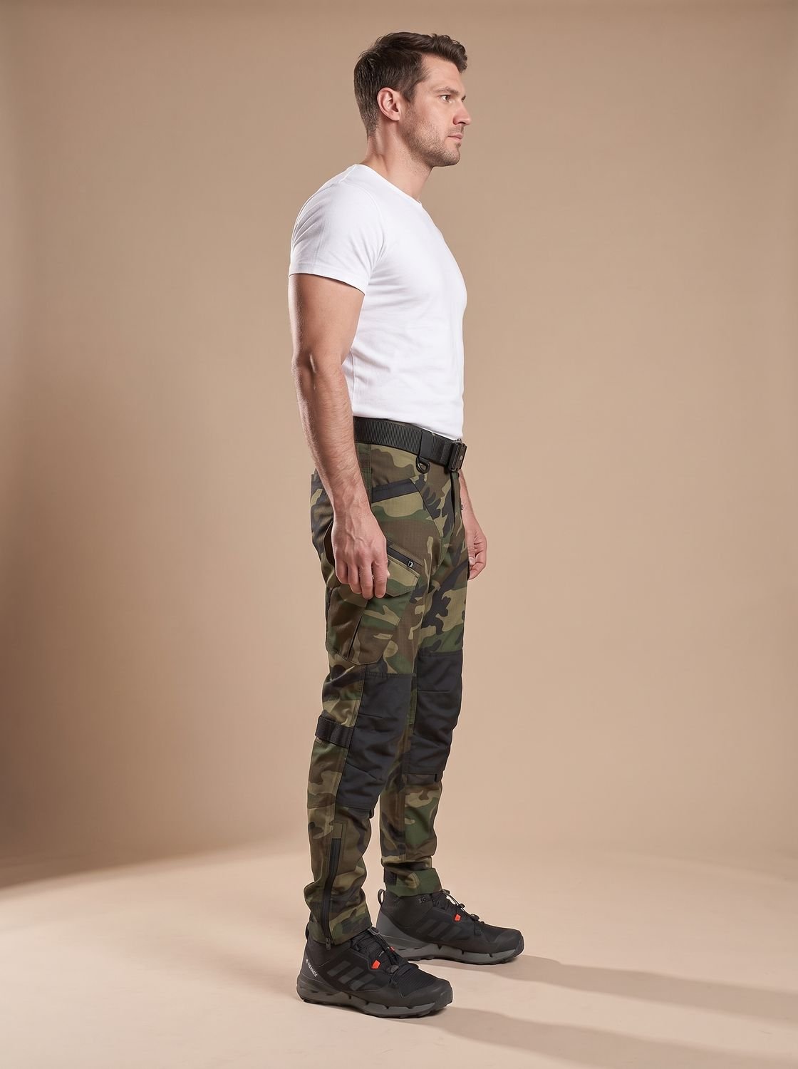 Men's Water-Repellent Tactical Work Trousers with Shaped Knees - Light Camouflage