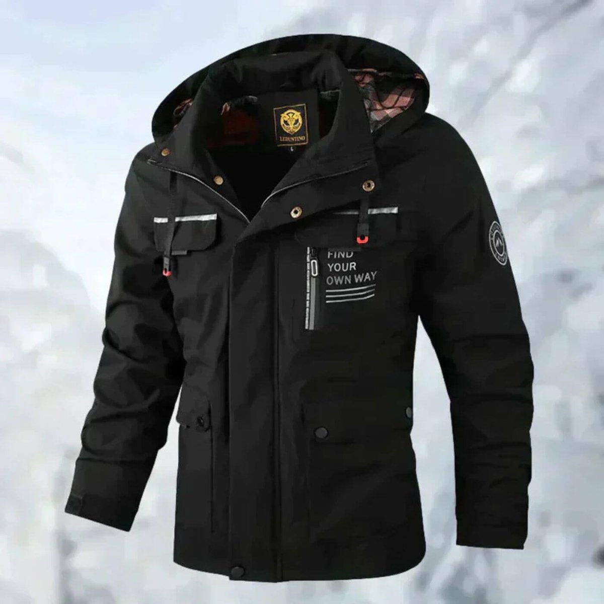 Men's Waterproof Quilted Outdoor Jacket with High Collar - Black