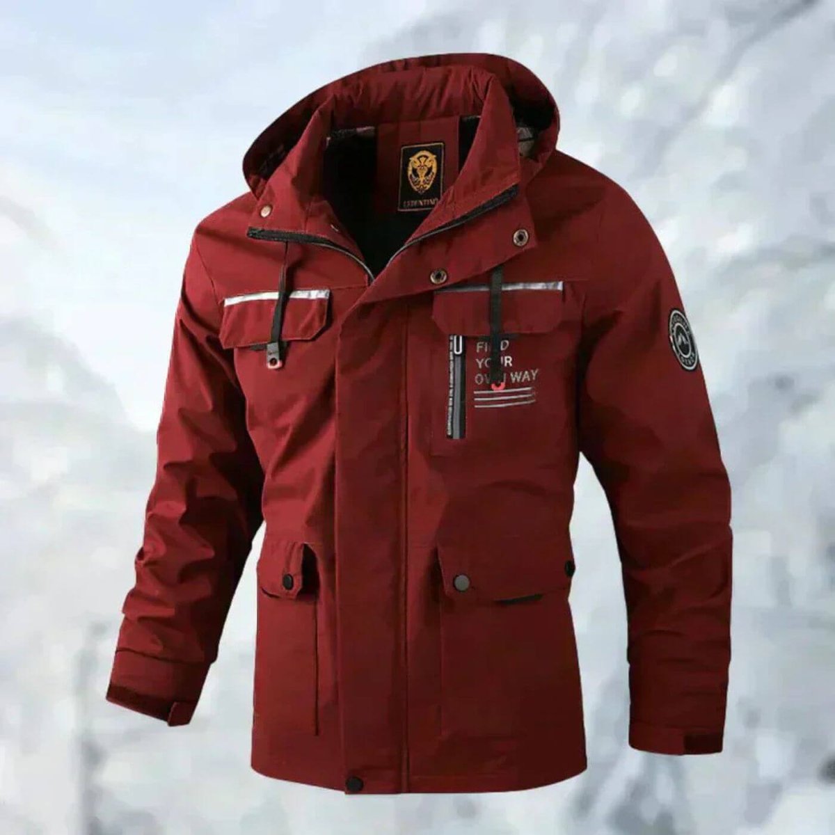 Men's Waterproof Quilted Outdoor Jacket with High Collar - Red