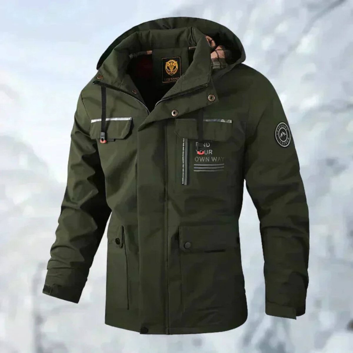Men's Waterproof Quilted Outdoor Jacket with High Collar - Green