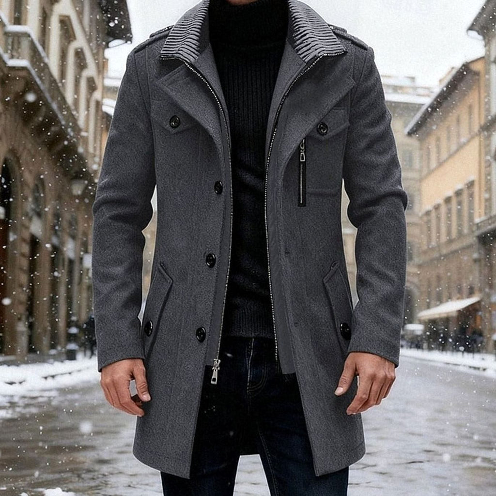 Men's Wool Notch-Collar Commuter Coat with Zipped Chest Pocket - Grey