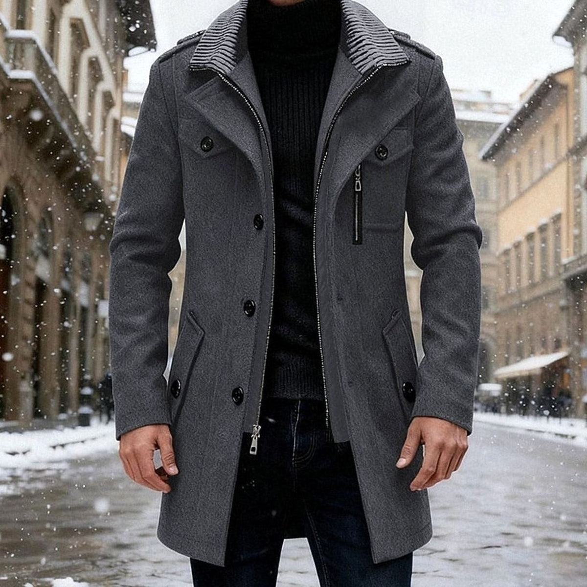 Men's Wool Notch-Collar Commuter Coat with Zipped Chest Pocket - Grey