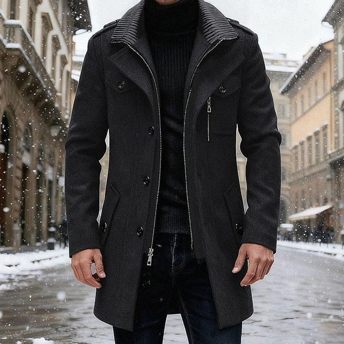 Men's Wool Notch-Collar Commuter Coat with Zipped Chest Pocket - Black