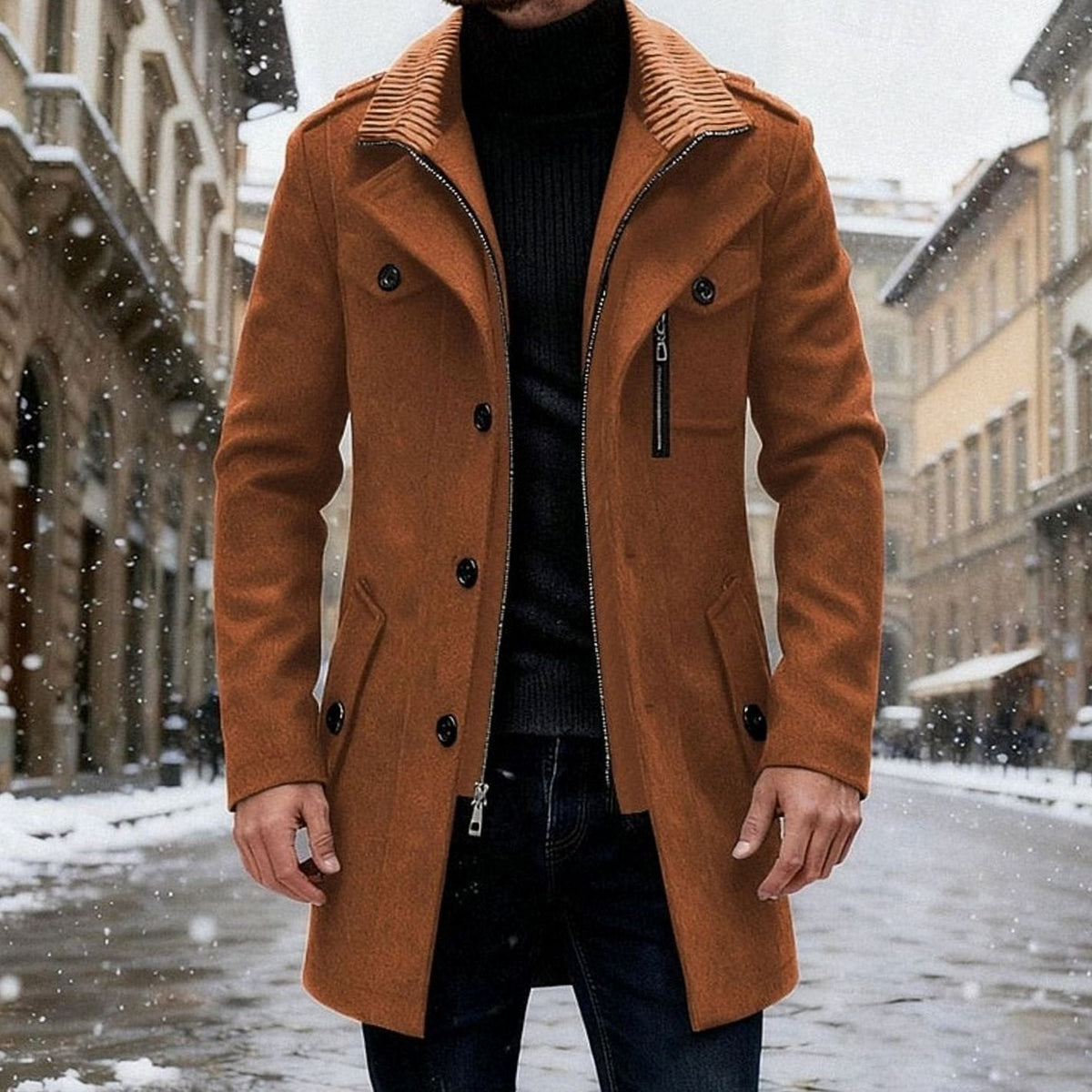 Men's Wool Notch-Collar Commuter Coat with Zipped Chest Pocket - Brown