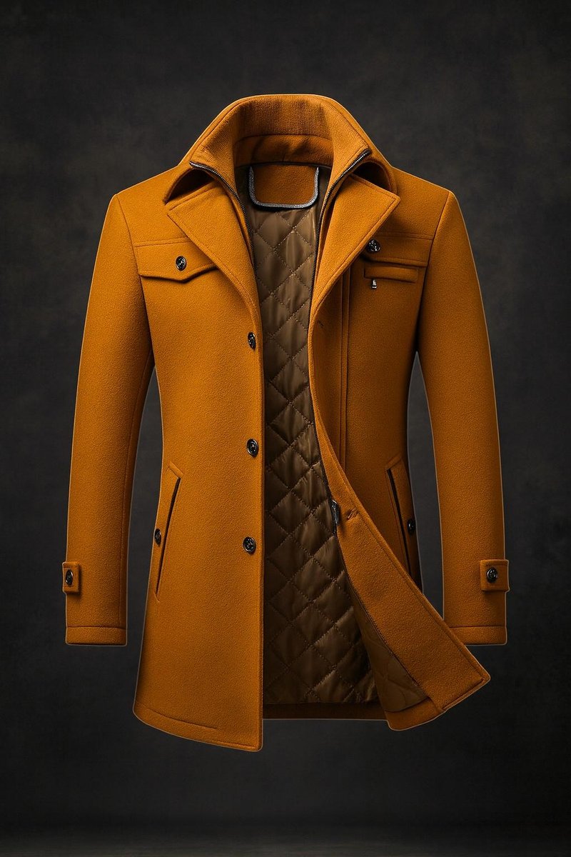 Men's 100% Wool Overcoat with Zipped Quilted Inner Layer - Brown