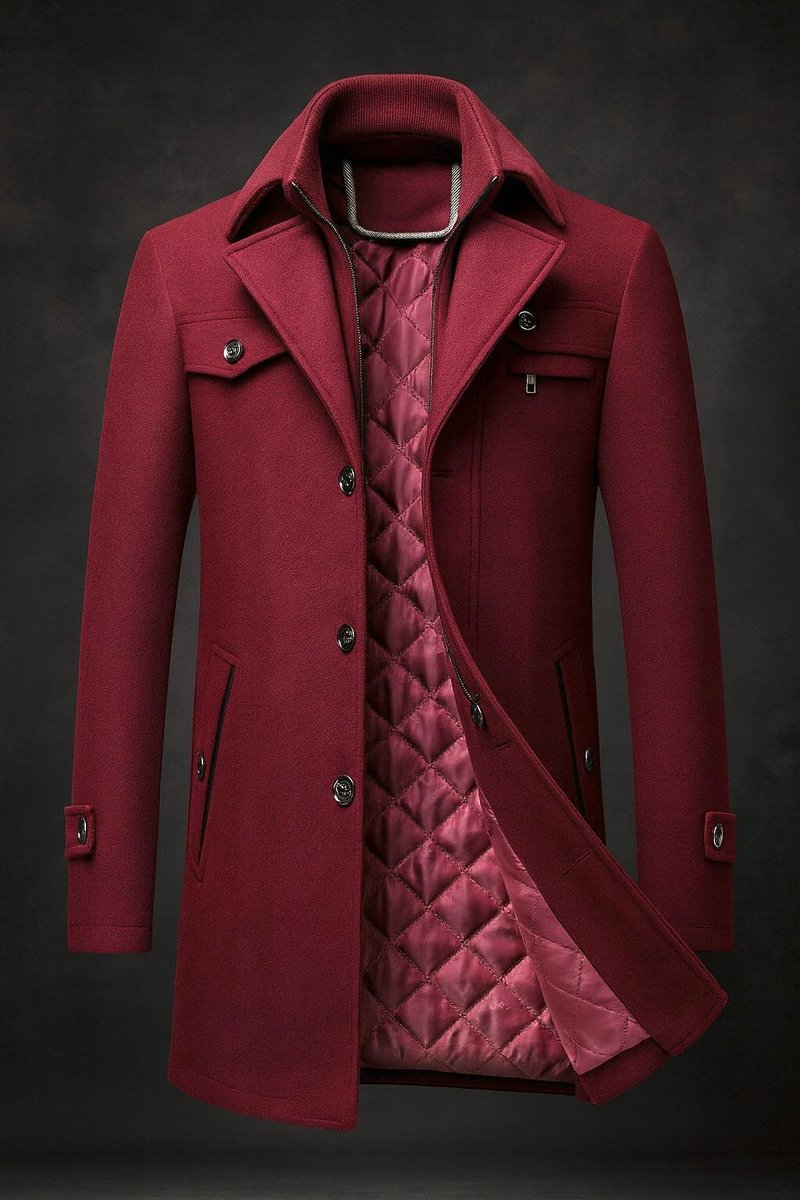 Men's 100% Wool Overcoat with Zipped Quilted Inner Layer - Burgundy
