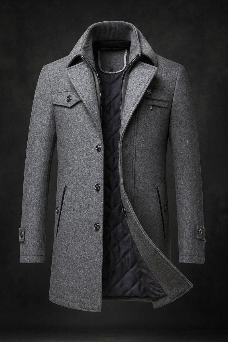Men's 100% Wool Overcoat with Zipped Quilted Inner Layer - Grey