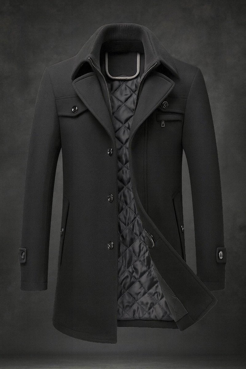 Men's 100% Wool Overcoat with Zipped Quilted Inner Layer - Black