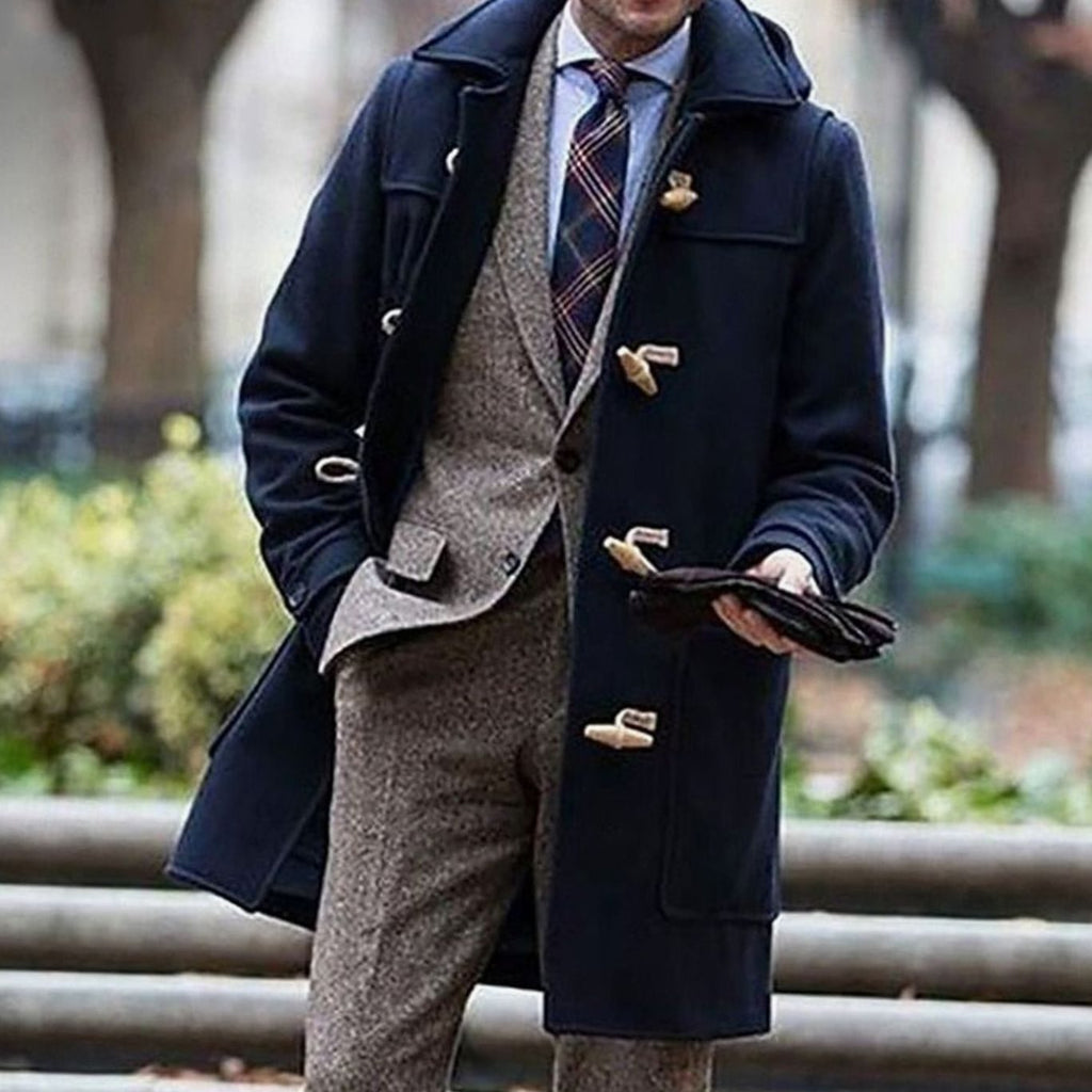 Men's Tailored Wool Hooded Coat with Toggle-and-Loop Fastening - Dark Blue