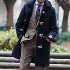 Men's Tailored Wool Hooded Coat with Toggle-and-Loop Fastening - Dark Blue