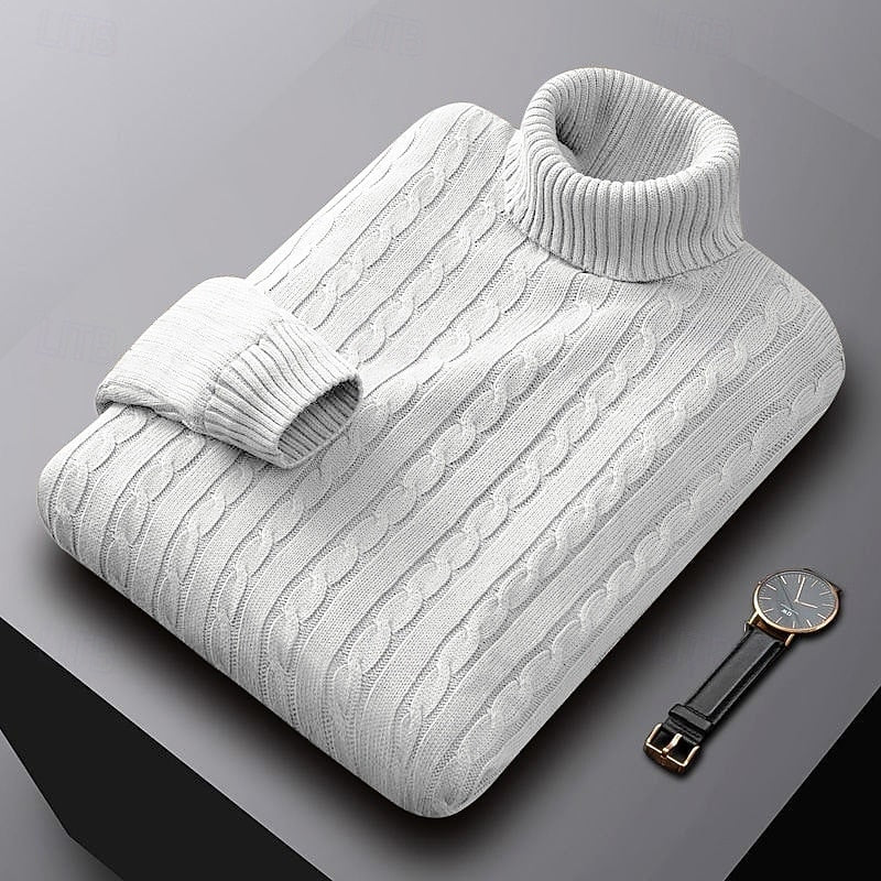 Men's Warm Stretch-Knit Cable Roll Neck for Office and Weekend - White