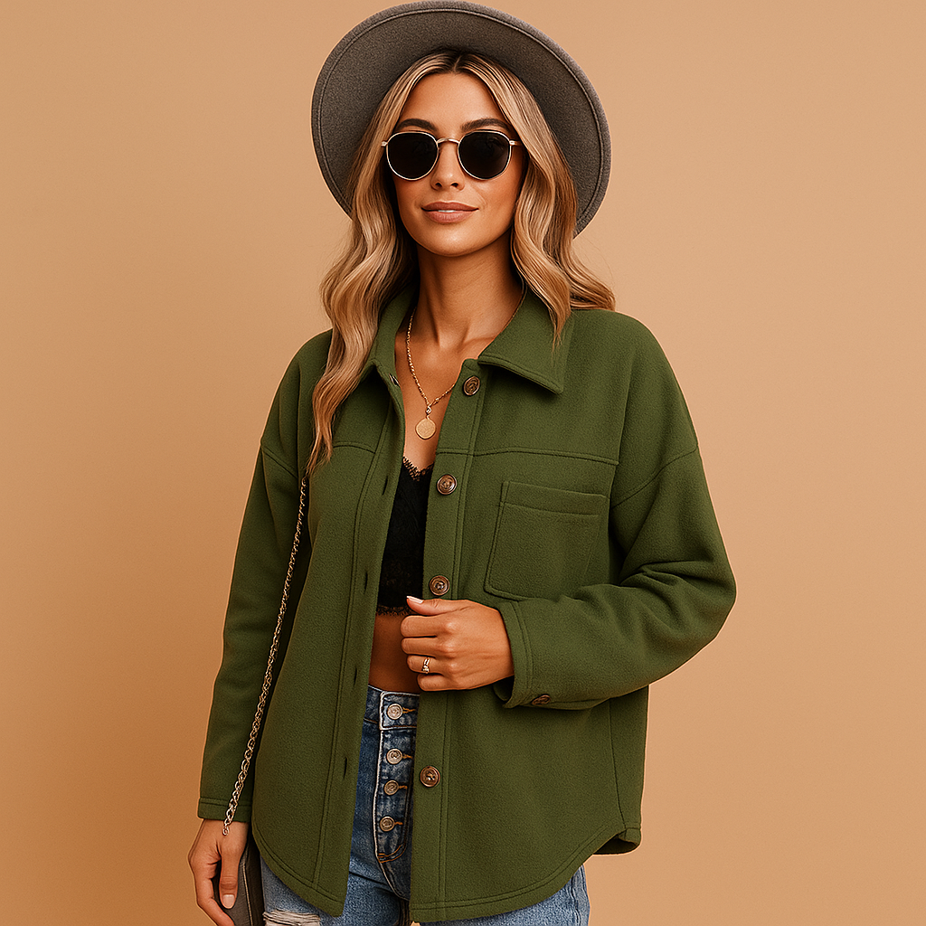 Women's Relaxed Button-Front Fleece Shacket - Olive Green