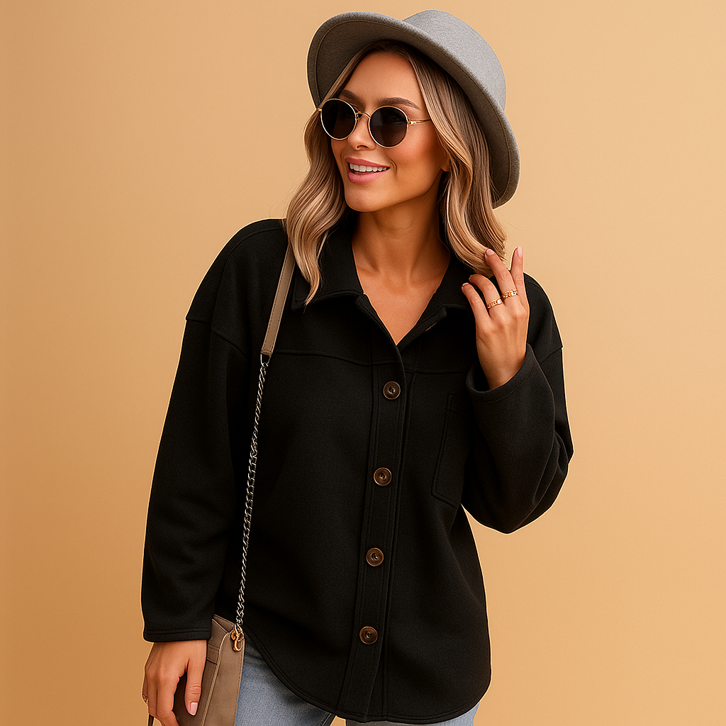 Women's Relaxed Button-Front Fleece Shacket - Black