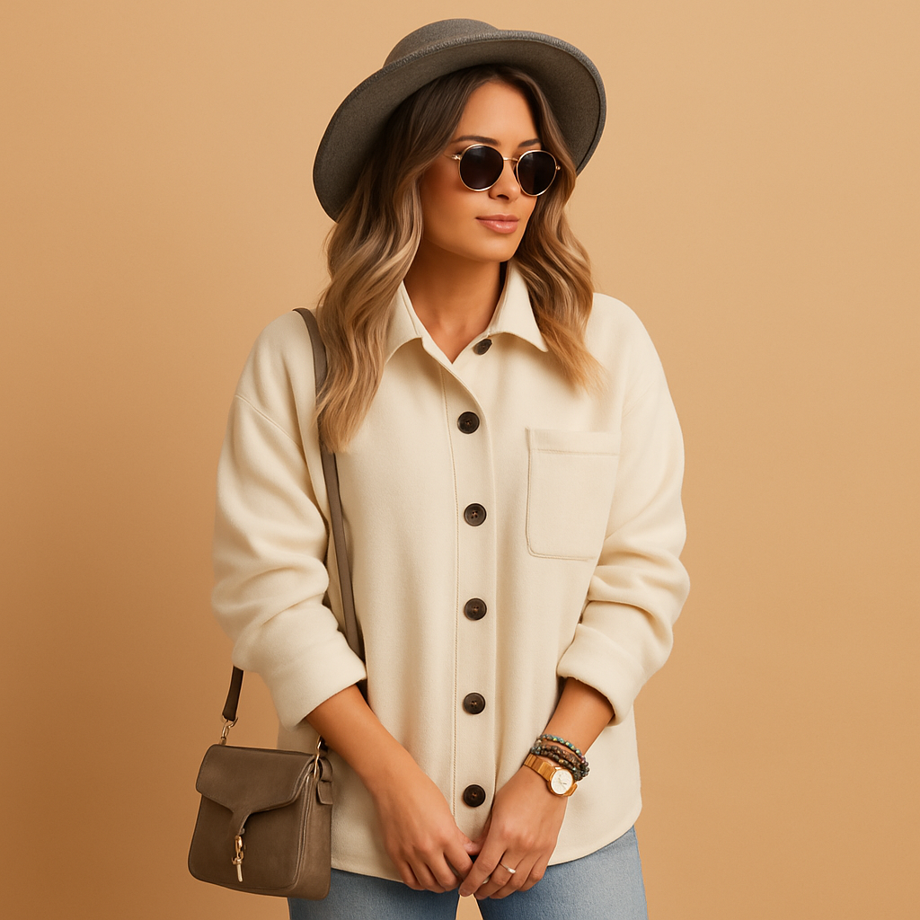 Women's Relaxed Button-Front Fleece Shacket - Cream