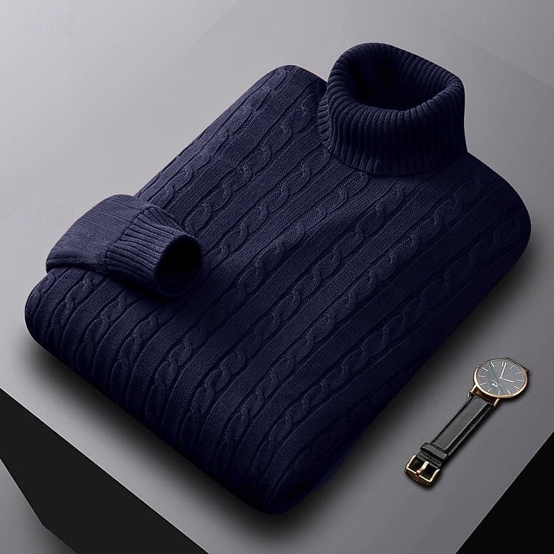 Men's Warm Stretch-Knit Cable Roll Neck for Office and Weekend - Navy Blue