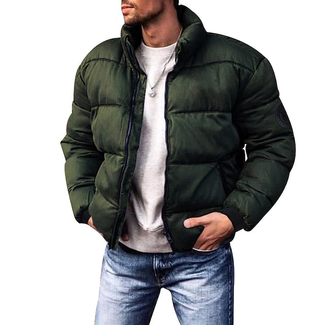 Men's Ribbed-Cuff Quilted Puffer Jacket in a Shorter Length - Army Green