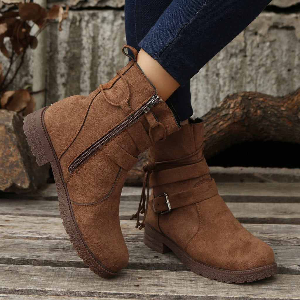 Women's Everyday Laced Suede Boots with Round Toe and Side Zip - Brown